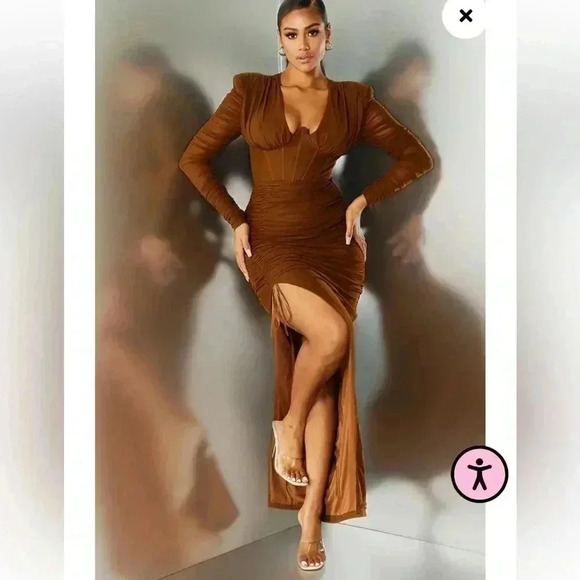 PrettyLittleThing Chocolate Underwire Detail Ruched Mesh Maxi Dress Size 4 - Picture 3 of 9
